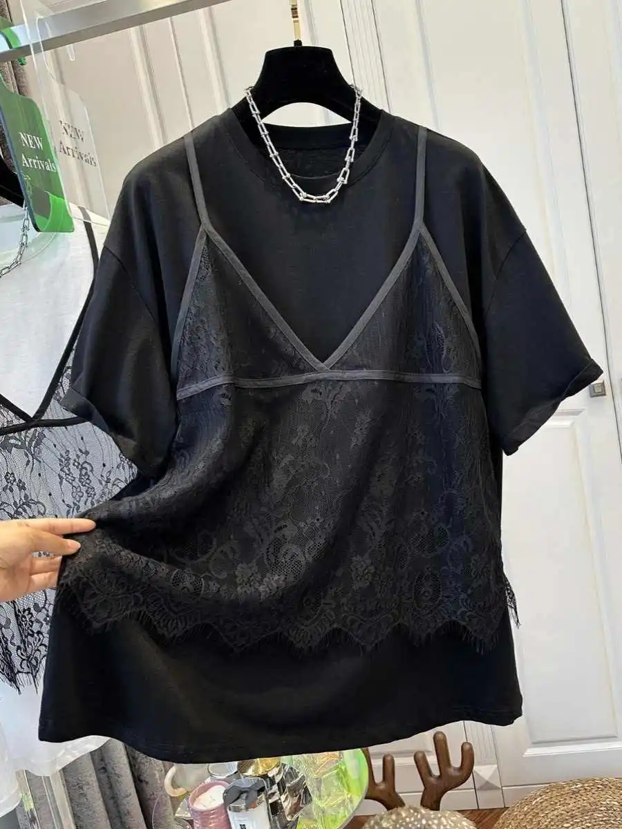 Fashion Stitching Casual Short Sleeve Fake Two Pieces - Black