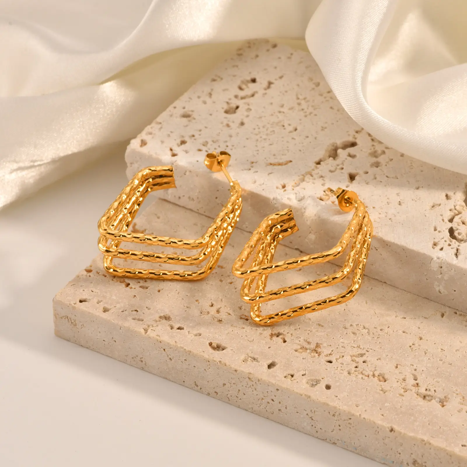 Fashion Three-layer Diamond Emboss Stainless Steel Earrings