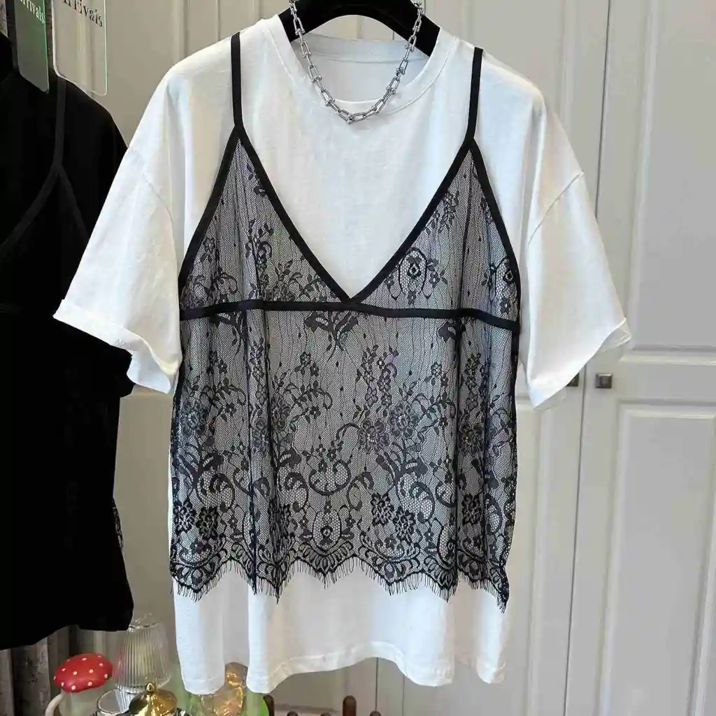Fashion Stitching Casual Short Sleeve Fake Two Pieces - White