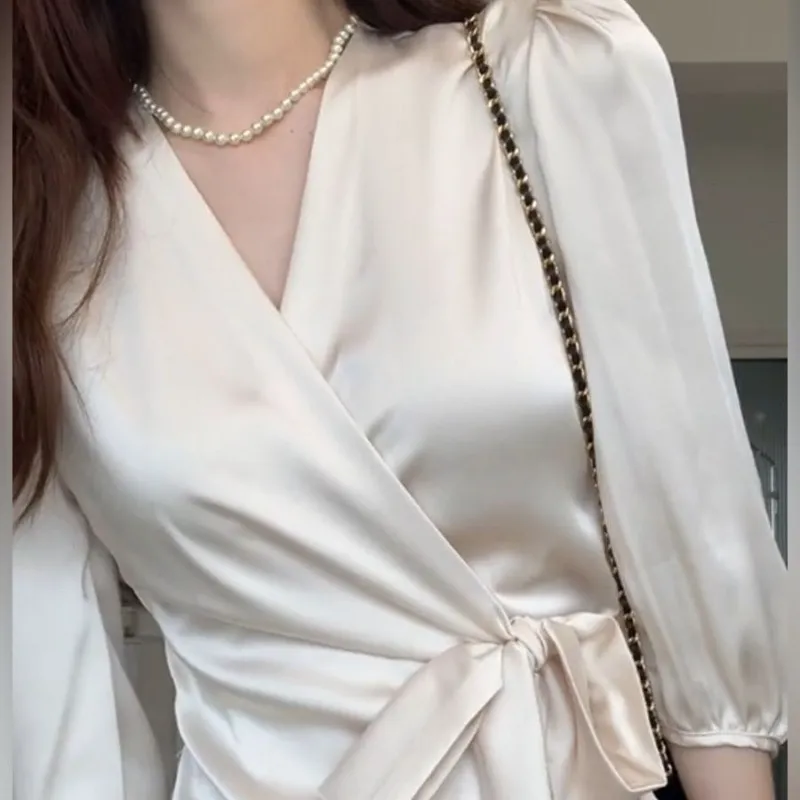 Slimming Waist Trimming Versatile V-neck Half Sleeves Elegant Satin Top For Women - Apricot Shirt