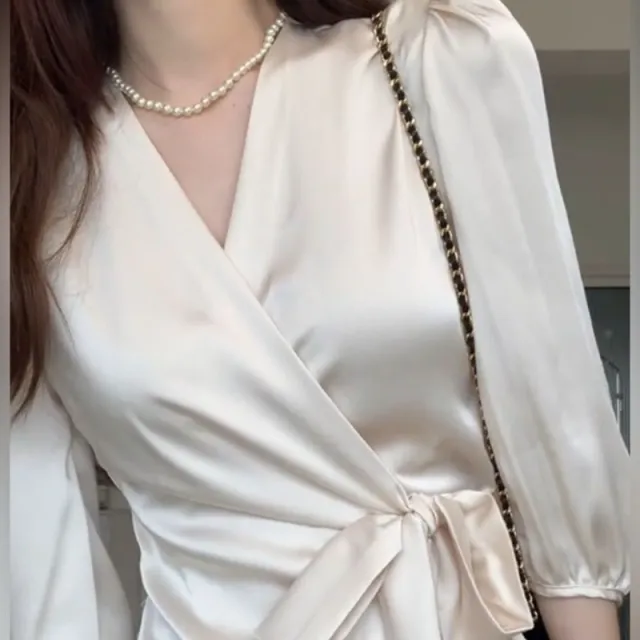 Slimming Waist Trimming Versatile V neck Half Sleeves Elegant Satin Top For Women Apricot Shirt - Shop at LoveMi