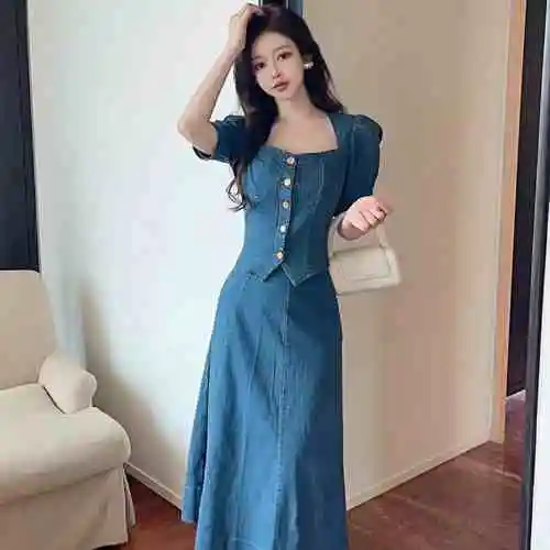 Retro Temperament Square Collar Puff Sleeve Top Suit Denim Blue - Shop at LoveMi