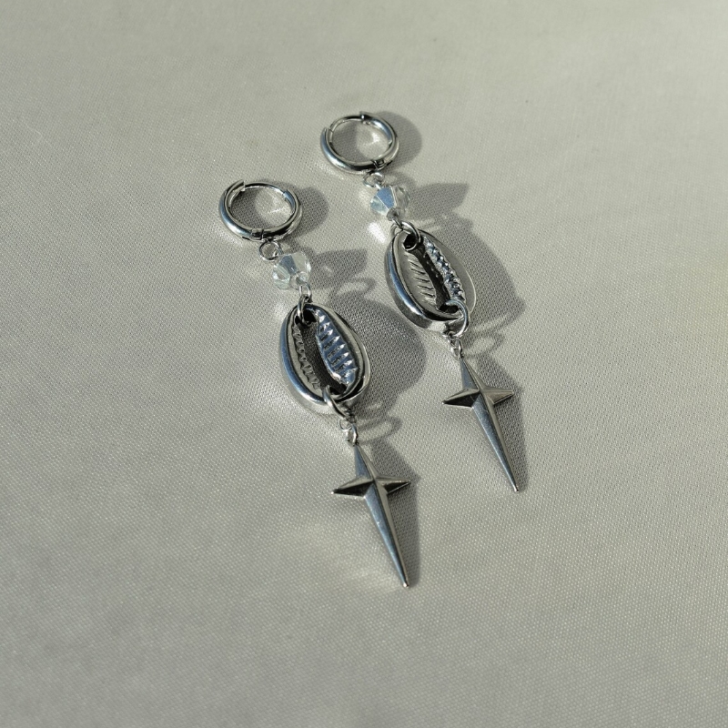 Silver Cross Star Horn Shell Gothic Matte Pendant Earrings