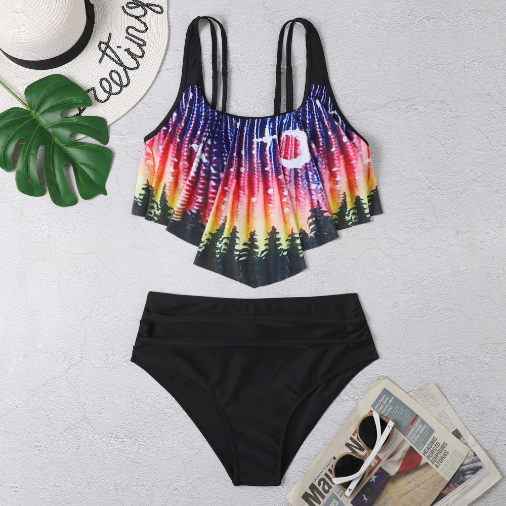 Women's Double Lotus Leaf High Waist Plus Size Printed Split Bikini