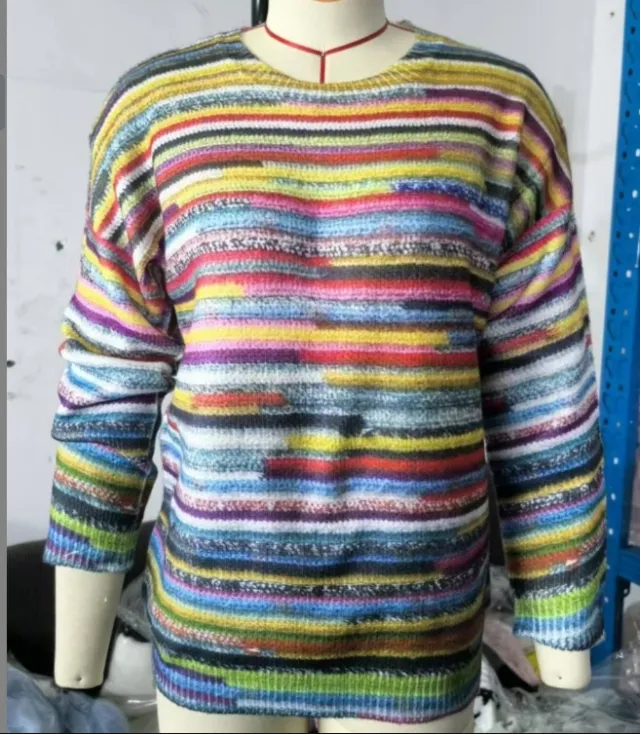 Women's Sweater Round Neck Multicolor Loose Fashion Pullover Sweater Rainbow - Shop at LoveMi
