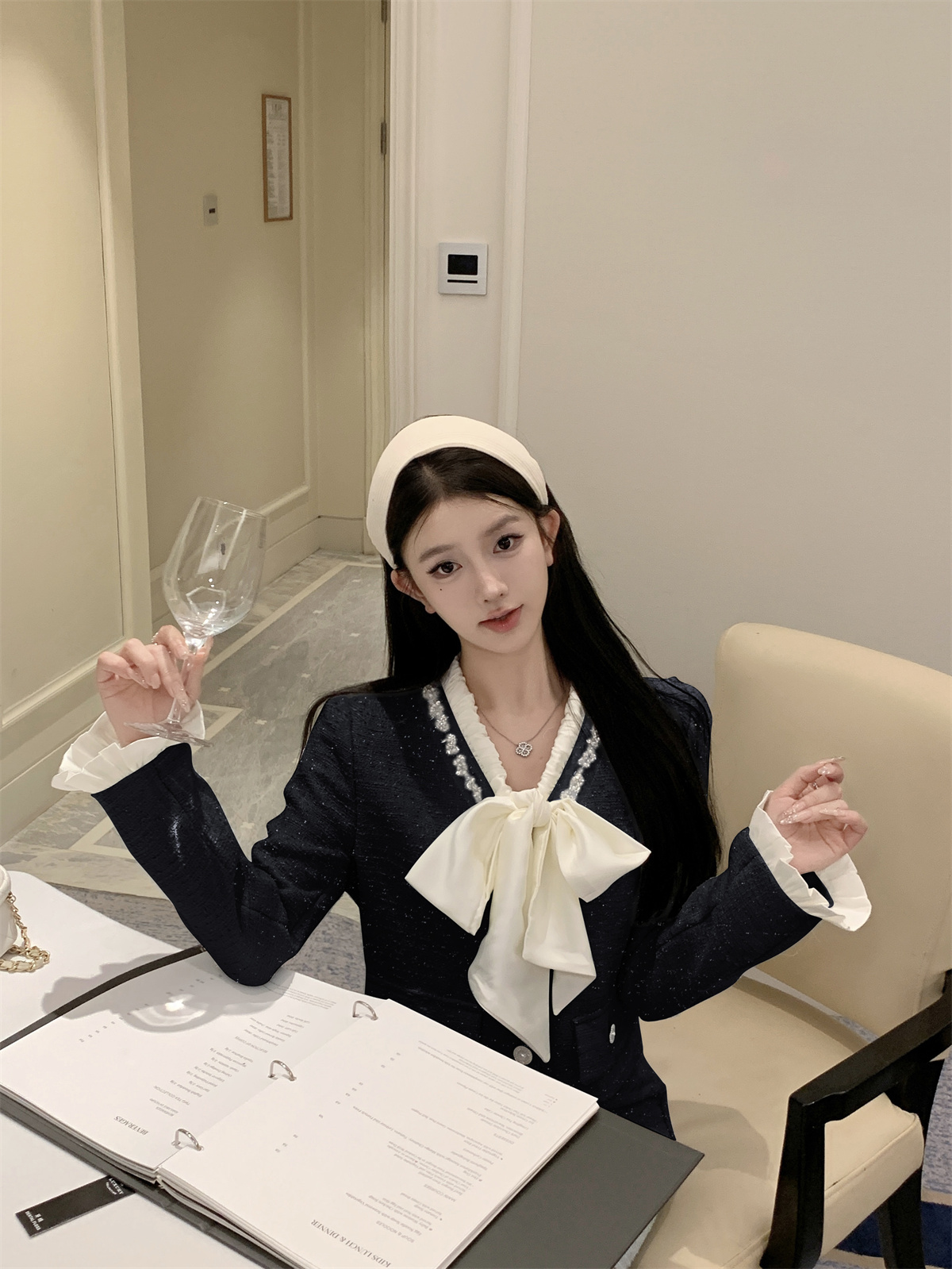 Fashion Bowknot Tweed Coat High Waist Skirt Two-piece Set