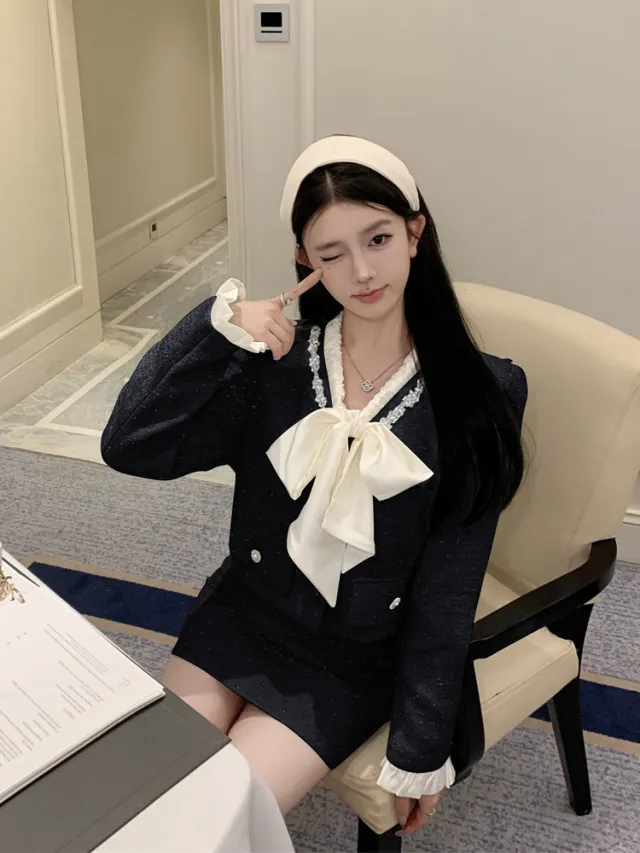 Fashion Bowknot Tweed Coat High Waist Skirt Two piece Set Black - Shop at LoveMi