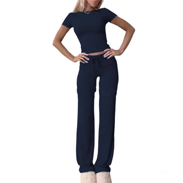 Casual Suit Short Sleeve Top And Trousers Homewear Blue - Shop at LoveMi