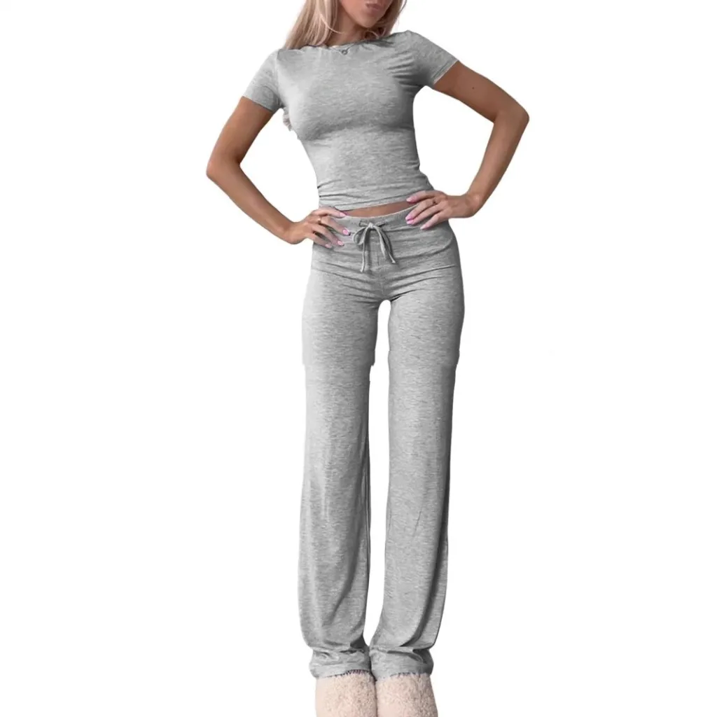 Casual Suit Short Sleeve Top And Trousers Homewear - Gray