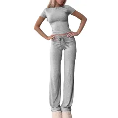Casual Suit Short Sleeve Top And Trousers Homewear - Grey - View 1