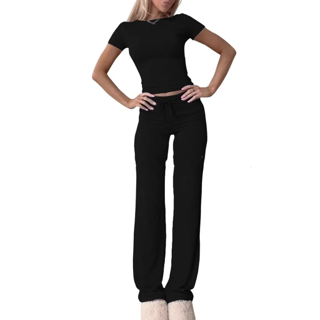 Casual Suit Short Sleeve Top And Trousers Homewear - Black