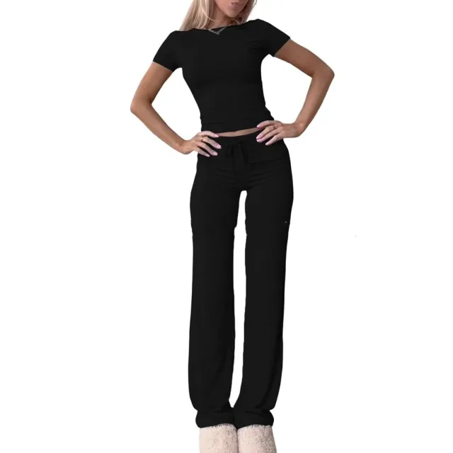 Casual Suit Short Sleeve Top And Trousers Homewear Black - Shop at LoveMi