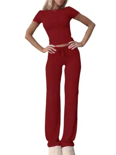 Casual Suit Short Sleeve Top And Trousers Homewear - Wine - View 1