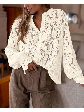 European And American Ladies Fashion Casual Lace Shirt Long Sleeve Button Shirt Apricot - Shop at LoveMi