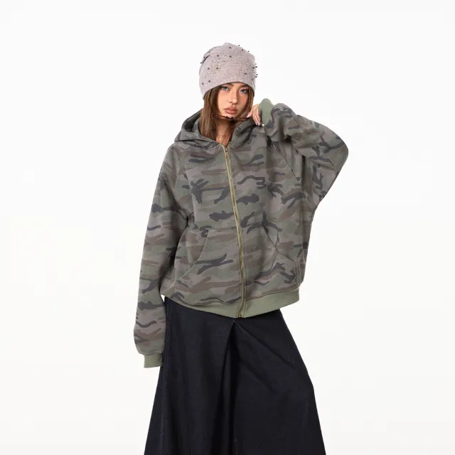 Retro Camouflage Hooded Sweater For Women Loose Cardigan Coat Camouflage - Shop at LoveMi