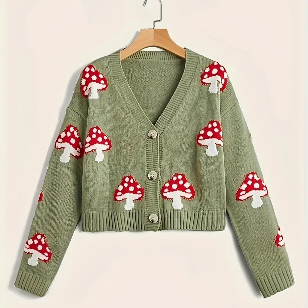 Cute Mushroom Button Knitted Cardigan - Green
