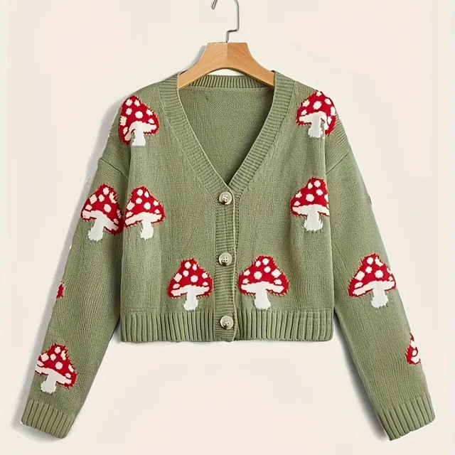 Cute Mushroom Button Knitted Cardigan Green - Shop at LoveMi