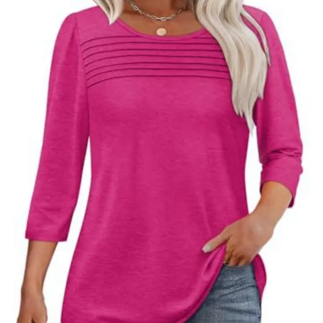 European And American Ladies Autumn And Winter Round Neck Three quarter Sleeve Chest Tuck Line Peplum Top Rose Red - Shop at LoveMi