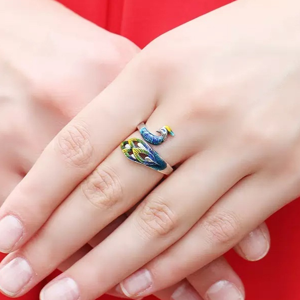 S999 Sterling Silver Cloisonne Peacock Ring For Women