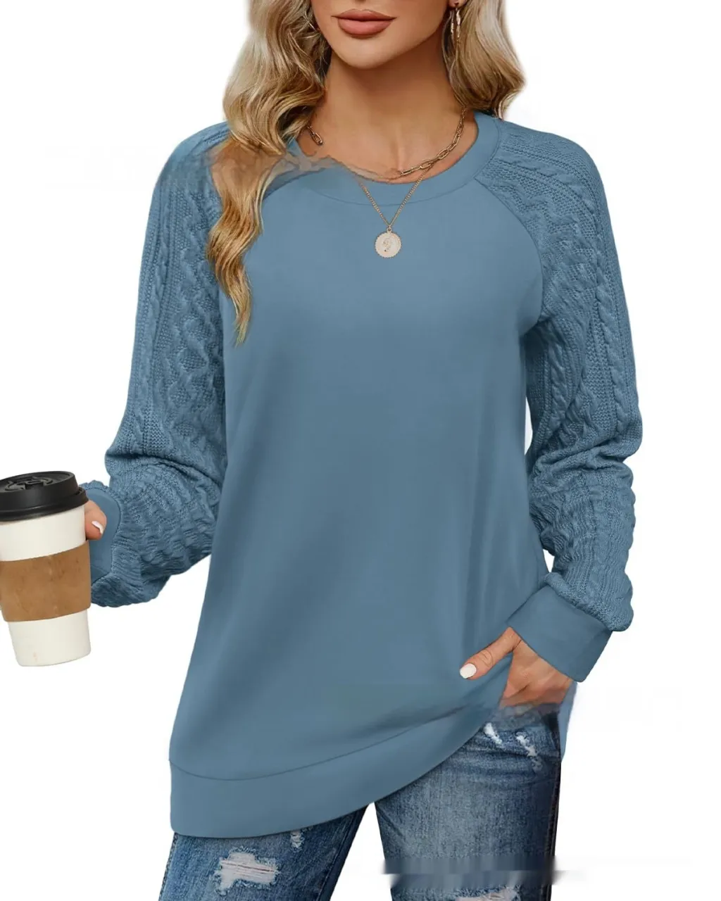 European And American Round Neck Twisted Knitted Sleeve Sweater - Blue