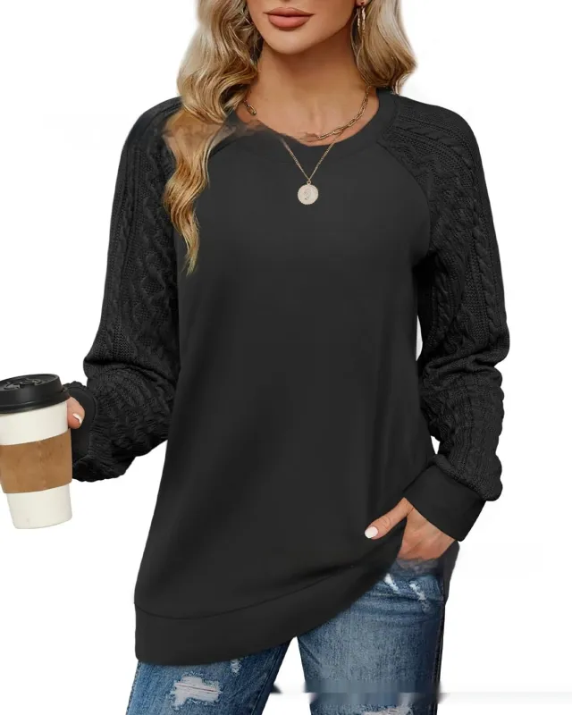 European And American Round Neck Twisted Knitted Sleeve Sweater Black - Shop at LoveMi