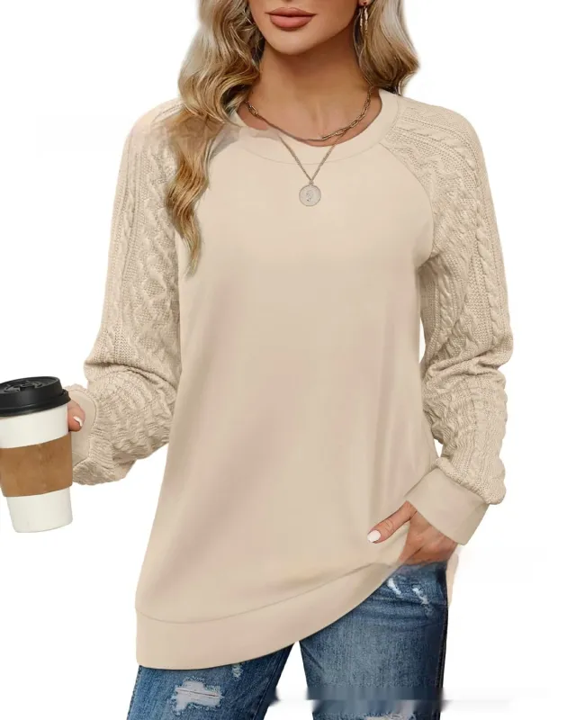 European And American Round Neck Twisted Knitted Sleeve Sweater Apricot - Shop at LoveMi