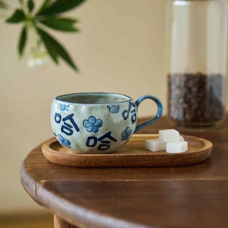 陶美集青花手绘咖啡杯办公室个人专用马克杯水杯景德镇粗陶哈哈杯