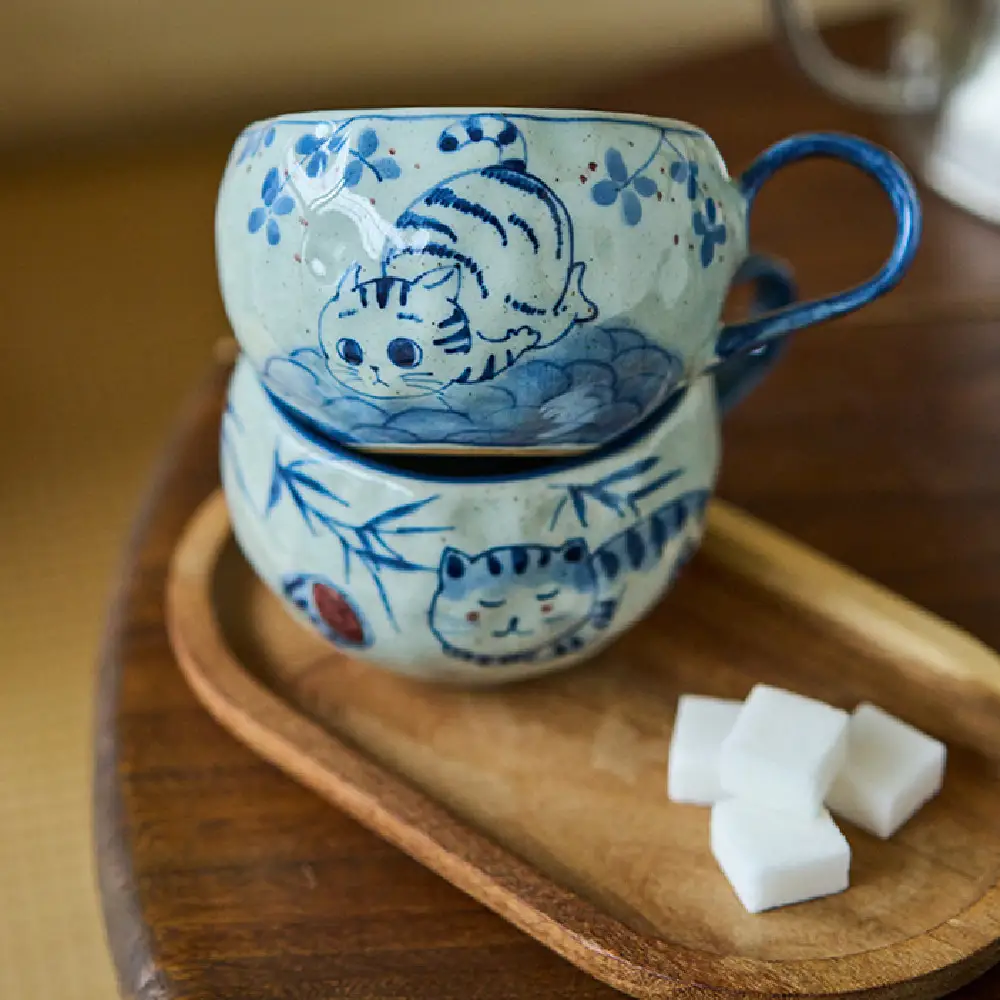 Hand Drawn Blue And White Porcelain Coffee Cup, Handmade Cute Cat