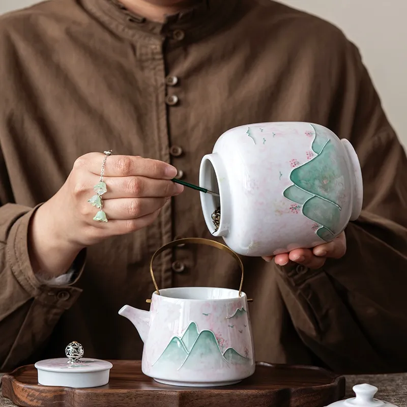 Hand Painted Landscape Ceramic Tea Pot Large Storage Sealed