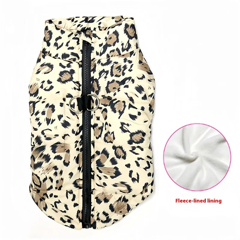 Pet Fleece Zipper Traction Waterproof Cotton-padded Coat - Leopard Print