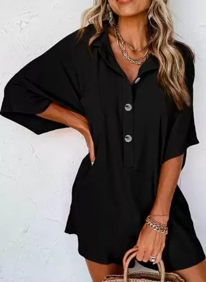 Solid Color Short sleeved Jumpsuit Loose Casual Multi pocket Black - Shop at LoveMi