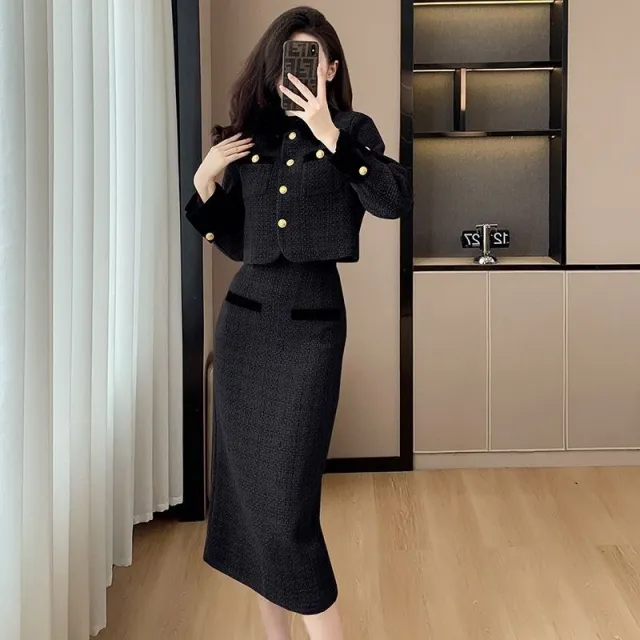 Women's French Style High grade Tweed Chanel's Style Skirt Coat Set Black - Shop at LoveMi