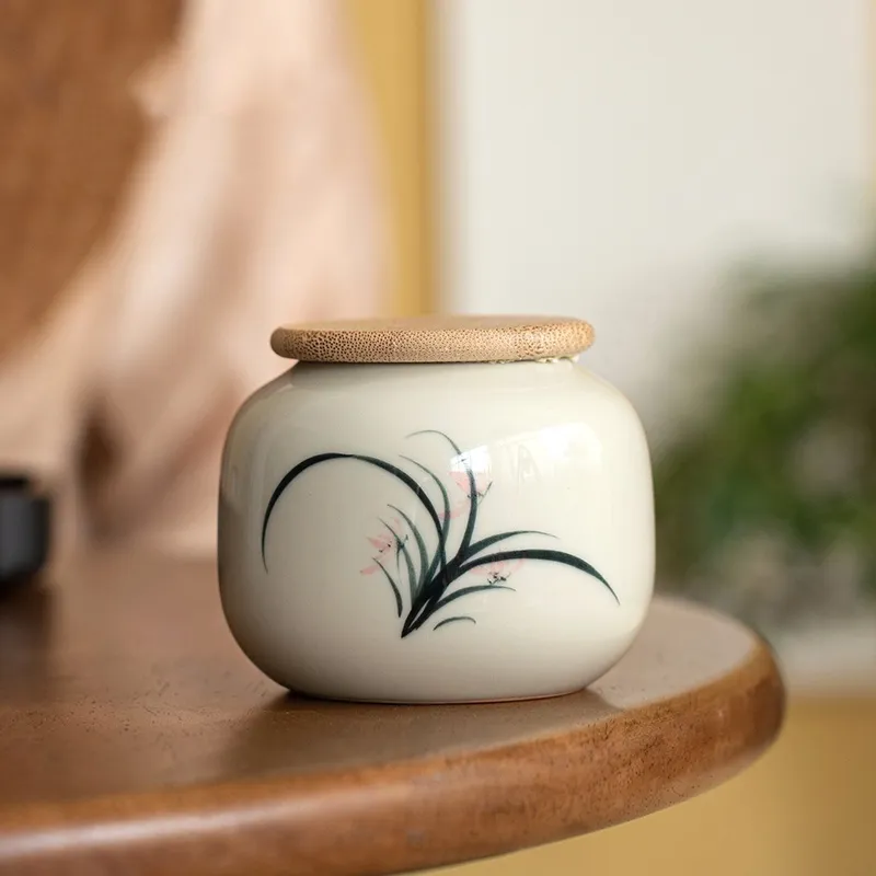 Grass And Wood Gray Hand-painted Orchid Tea Jar Sealed Jar Ceramic Storage