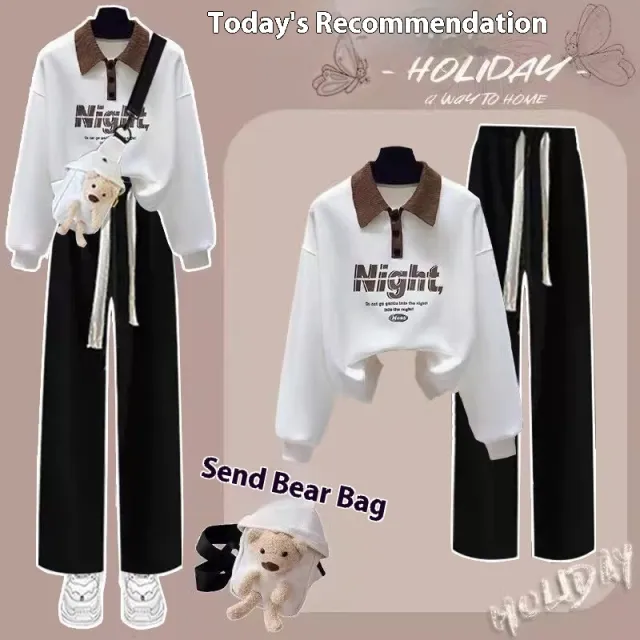 New Spring And Autumn Fashion Wide Leg Pants Two piece Set White K10 Black Pants - Shop at LoveMi