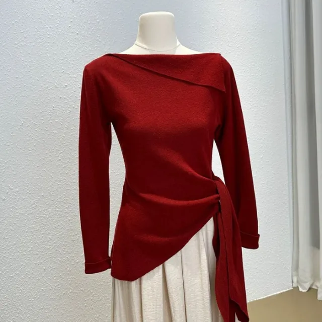 Red Solid Color One shoulder Collar Pullover Top Red - Shop at LoveMi