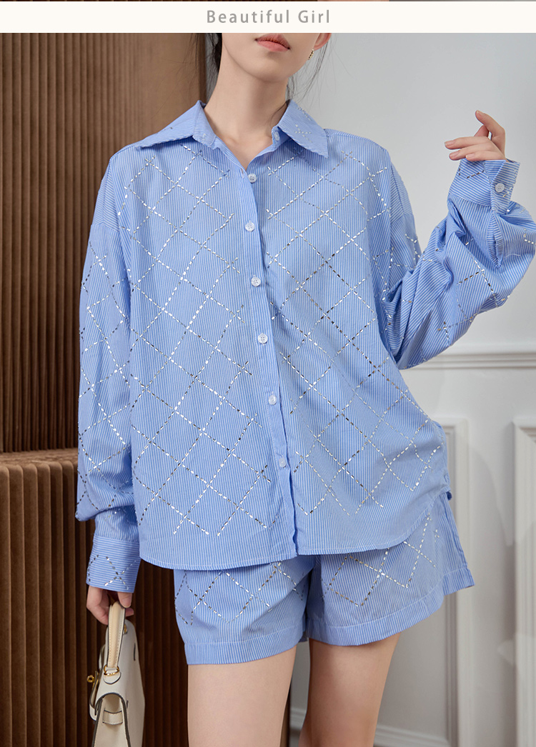 Women's Fashion Casual Blue Shirt Shorts Suit