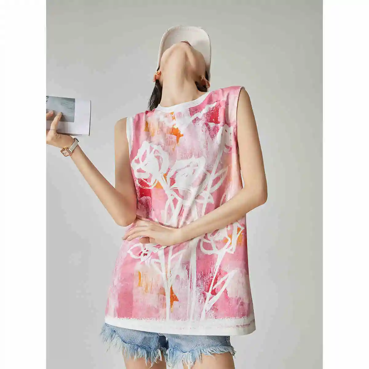 Pink Watercolor Floral Sleeveless T-shirt Women's Loose Vest Top
