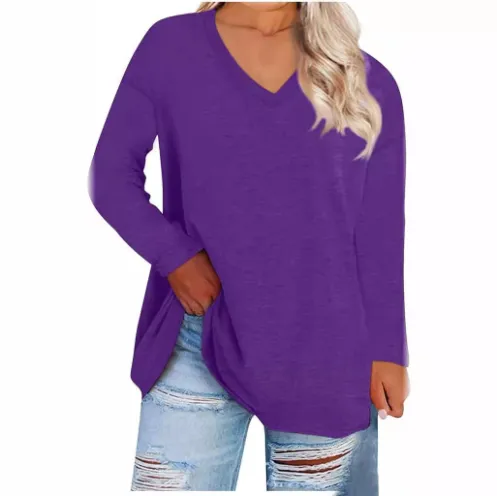 Solid Color Loose Drop Shoulder Sleeve V Neck Long Sleeve Blouse Dark Purple - Shop at LoveMi