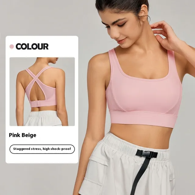 Shockproof Fixing Cup Cross Beauty Back Yoga Clothes Vest Pinky Beige - Shop at LoveMi