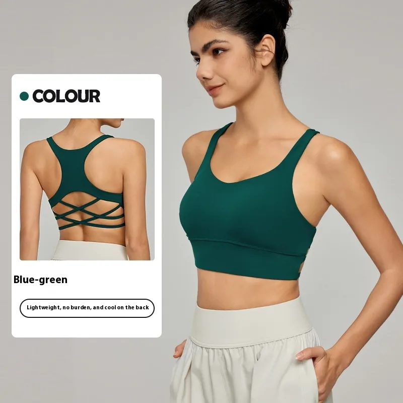 Cross Backless Bra Yoga Workout Top - Blue And Green