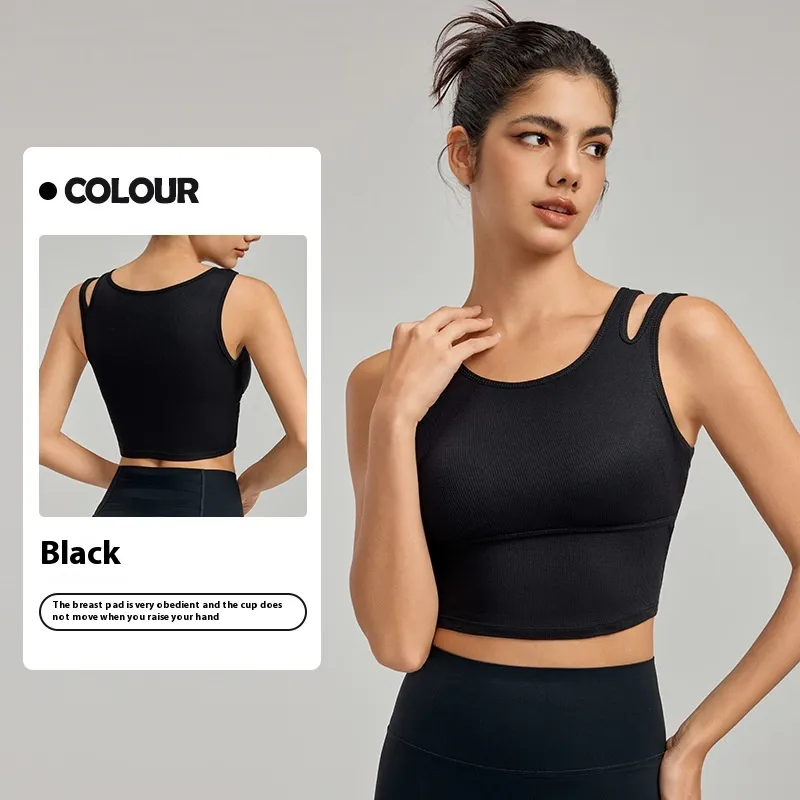 Yoga Clothing Top Vest With Chest Pad Hollow Shoulder Strap All-matching - Black