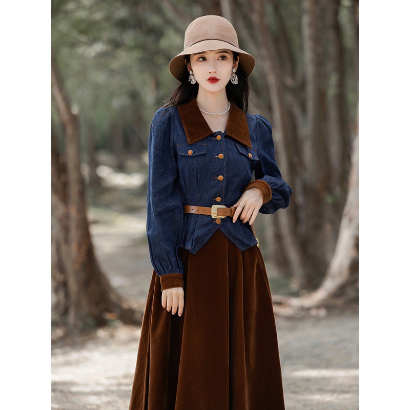 Women's Fashion Denim Top Velvet Suit