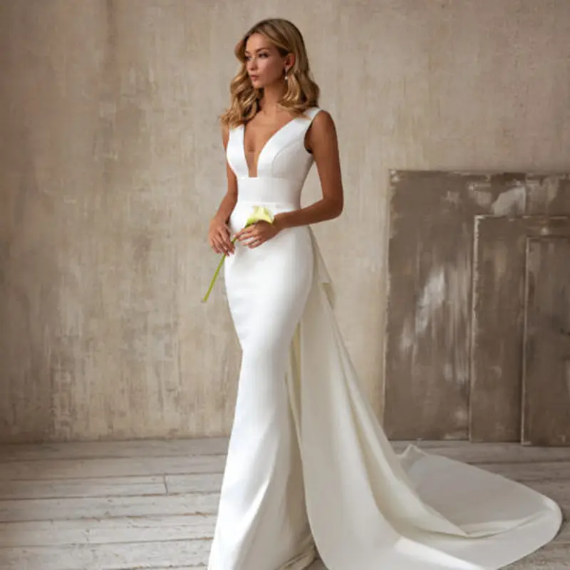 Sexy V-Neck Sleeveless Tail Wedding Dress Long