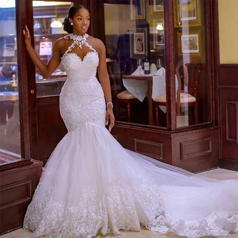 Vintage Lace Beaded Wedding Dresses Sheer Neck Mermaid Bridal