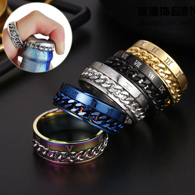 Roman Letter Rotatable Chain Rings Men Digital Titanium Steel