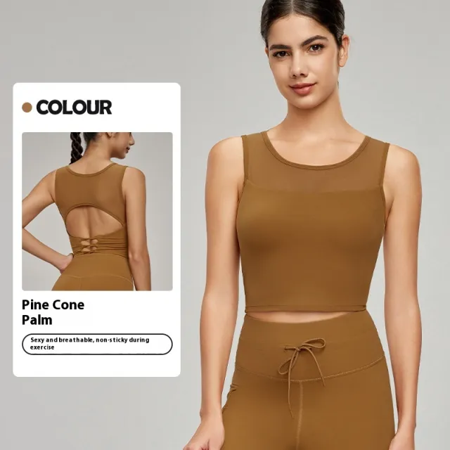 Splicing Mesh Beauty Back Yoga Vest Pine Cone Brown - Shop at LoveMi
