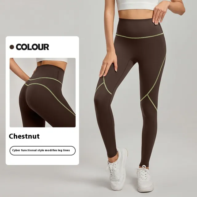 Line Contrast Color Yoga Pants Outdoor Mountaineering 7A Antibacterial Hip Lifting Chestnut - Shop at LoveMi