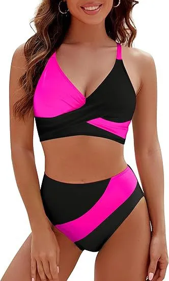 Lace Up Cross Bra Top Suit - Black Pink