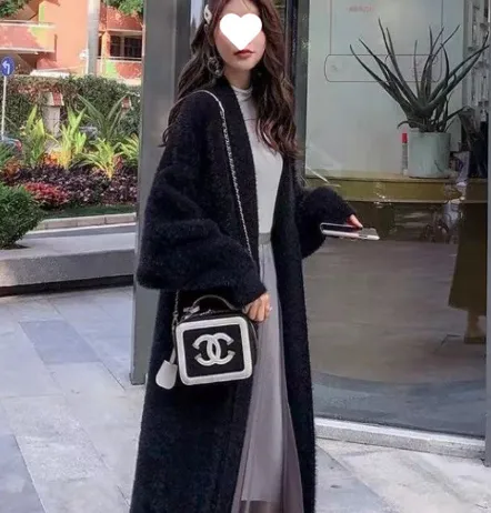 Mink like Wool Cardigan Loose Size Thickened Mid length Idle Style Knitted Coat Black 86Cm - Shop at LoveMi