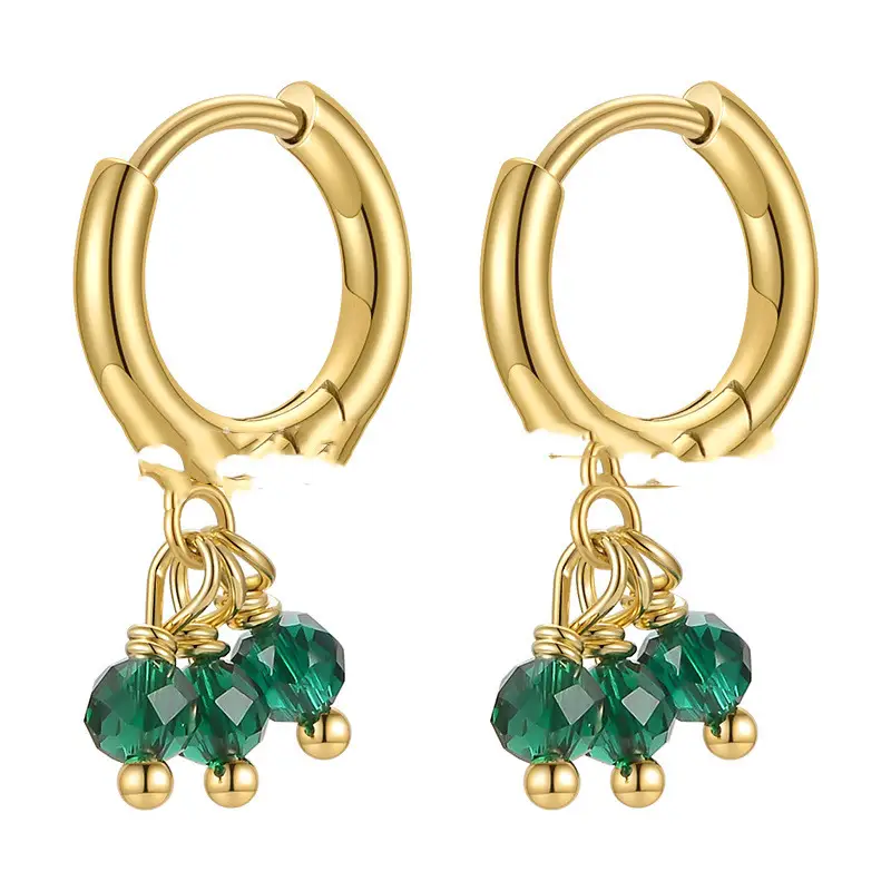 18K Gold Plating Brass European And American Personalized Three Green Stone Pendant Ear Ring